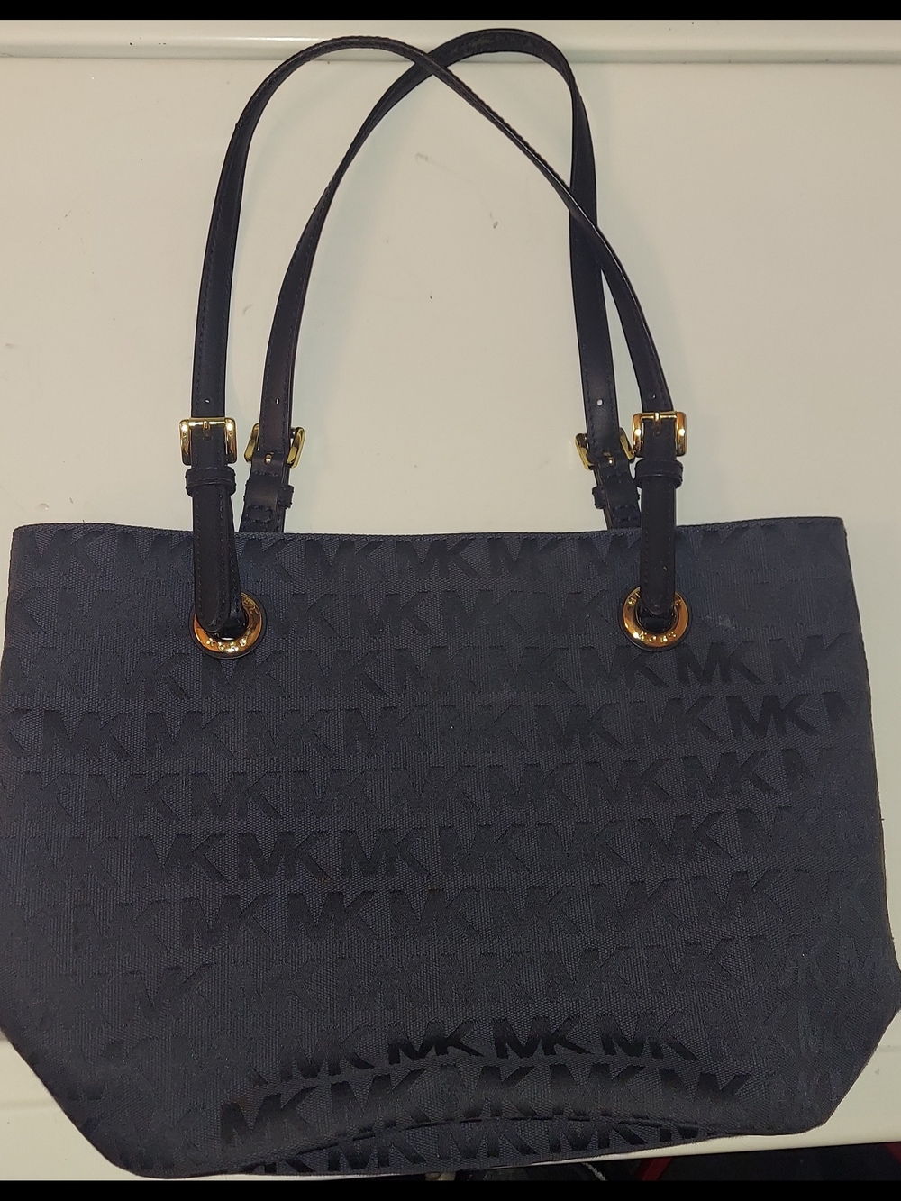 Michael Kors Navy MK Jacquard Tote with Gold Hardware